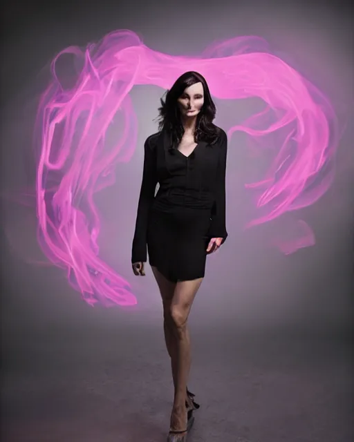 Image similar to Famke Janssen, neon lights and colorful smoke, Hyperreal, Head Shots Photographed in the Style of Annie Leibovitz, Studio Lighting