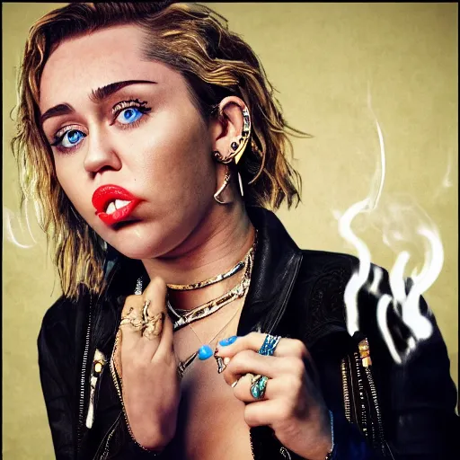 Image similar to Miley Cyrus smoking a joint, 8k, realistic, extreme details, detailed, sharp