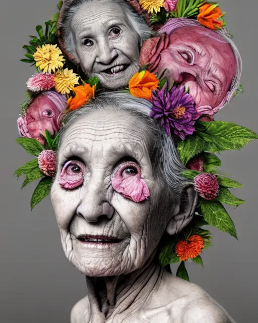 Prompt: a portrait of a beautiful fleshy old woman who is surprised she is still alive, covered in flowers in the style of guiseppe arcimboldo and james jean, covered in wispy gray hair with a hint of neon, hd 3 d, 8 k