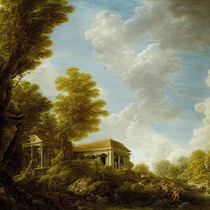 Image similar to a building in a serene landscape, by francois boucher
