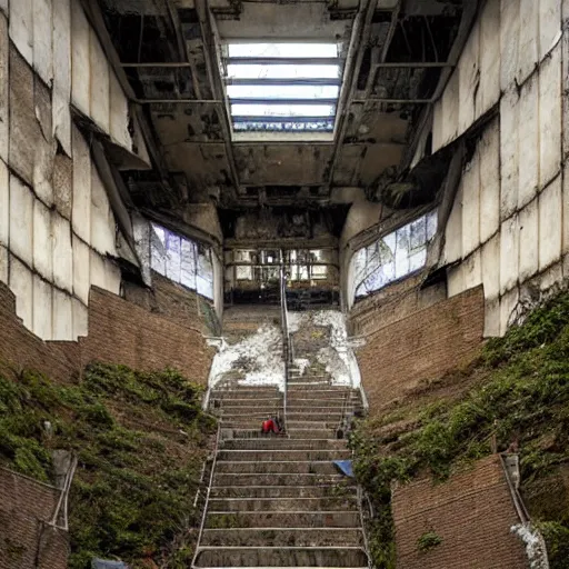 Image similar to i climb up on the endless stairs inside this decayed hitech brutalist building, rays of lights breaking through the holes in the walls, ruined litter, monumental, global illumination, by rhads and ferdinand knab and makoto shinkai and alphonse mucha