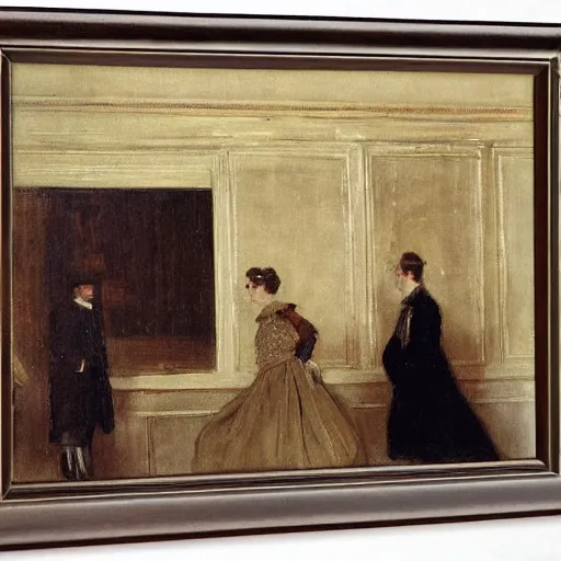Prompt: a young man and woman chatting in an old theater, by alfred stevens