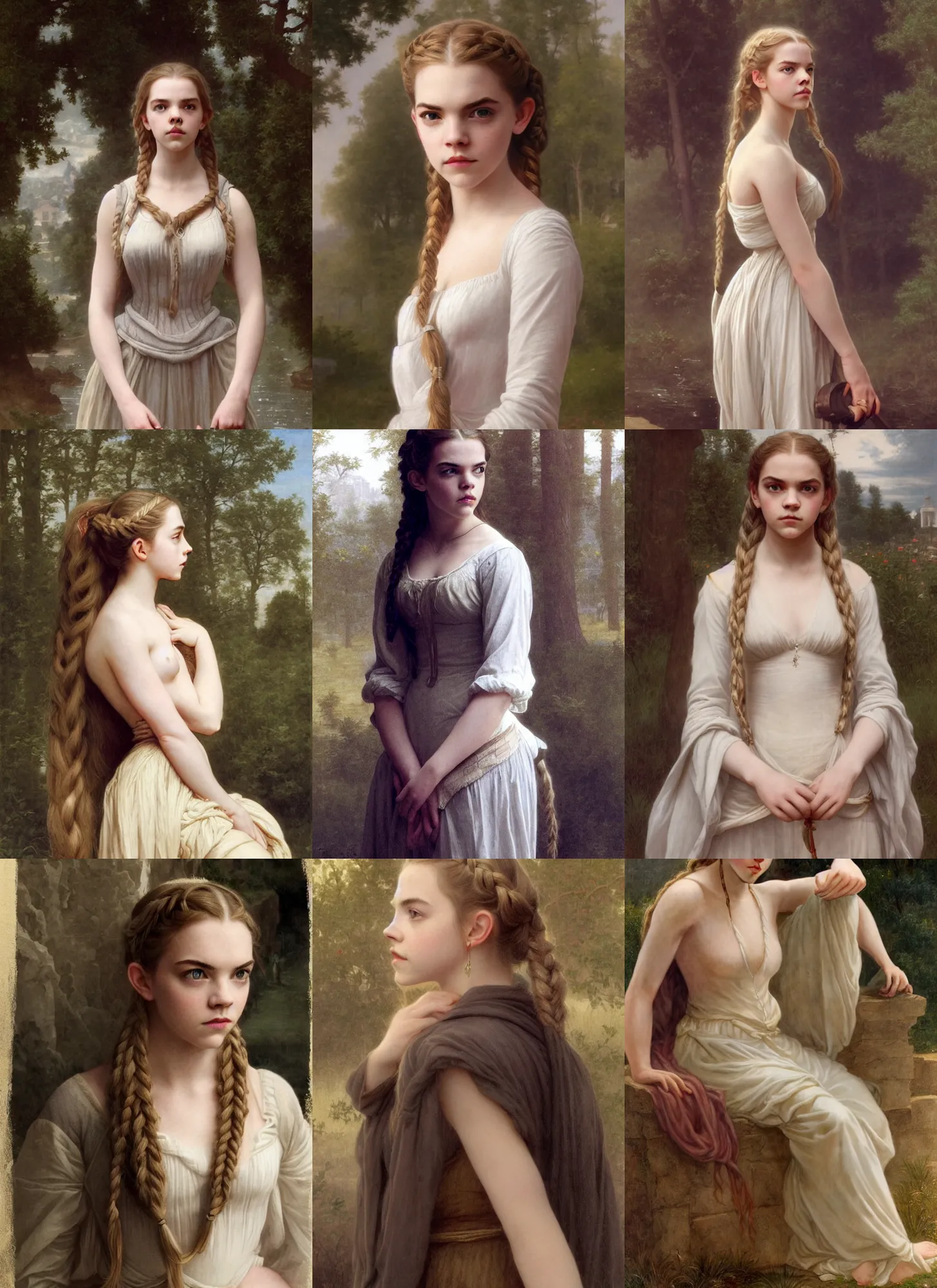 Prompt: anya taylor-joy, emma watson, pale, long blond braided hair, full body, shining, 8k highly detailed, illustration, bouguereau