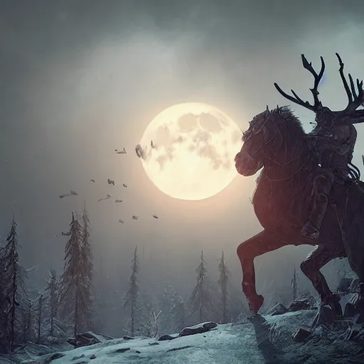 Image similar to the wild hunt, spectres riding in the sky, bad omen, enchanting, blizzard storm, fog, full moon, snowy environment, in the style of the witcher series, hyperrealism, breathtaking, award winning, groundbreaking, octane render, unreal 5, intricate digital art, 8 k hi - res