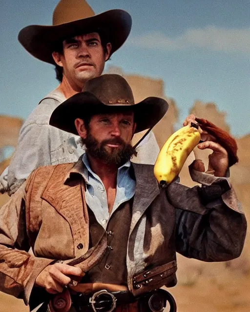 Image similar to A cowboy holding a banana, wild west duel, cinematic