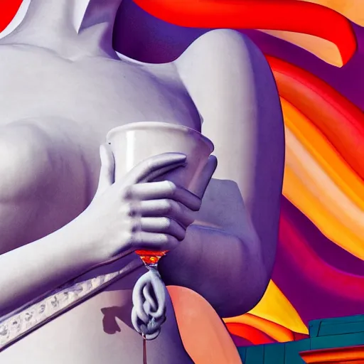 Image similar to close - up of white reneissance statue holding a coctail, colorful coctail, digital painting, 3 d render