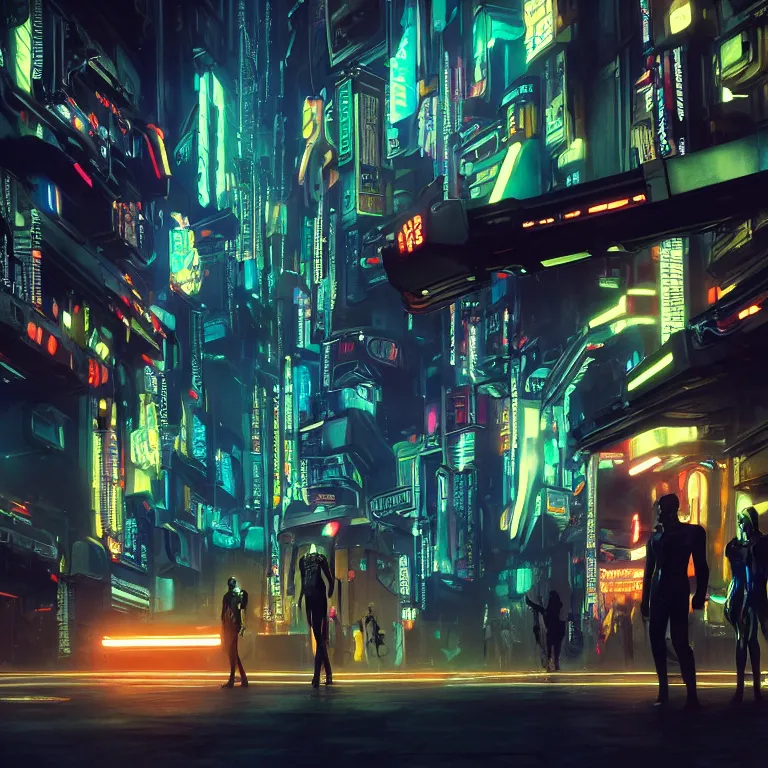 Prompt: night life scene with people dressed in futuristic clothes, cyberpunk designs, vehicles, automations, and faint glows of vivid color, cinematic, movie scene, highly detailed, intricate, concept art from blade runner, octane render, cgsociety, by edward hopper and noriyoshi ohrai