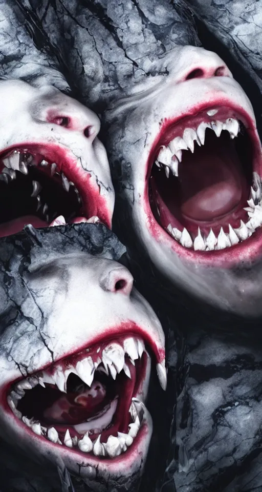 Image similar to up close shot of two vampire fangs, winter, dark scenery, dark lighting, cinematic, cold freezing nights, laser lights, crybernetic, top floor boss shit, destroy lonely, black floor, lavish, luxurious, marble walls, cinematic, hyper realism, high detail, octane render, 8 k