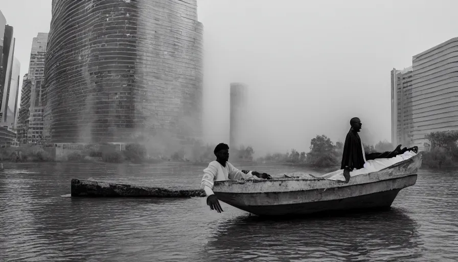 Prompt: movie still by djibril diop mambety of a man in white drapery in a flesh barque on a river next to a spherical high - rise, leica sl 2 5 0 mm b & w, heavy grain, high quality, high detail, fog, mud