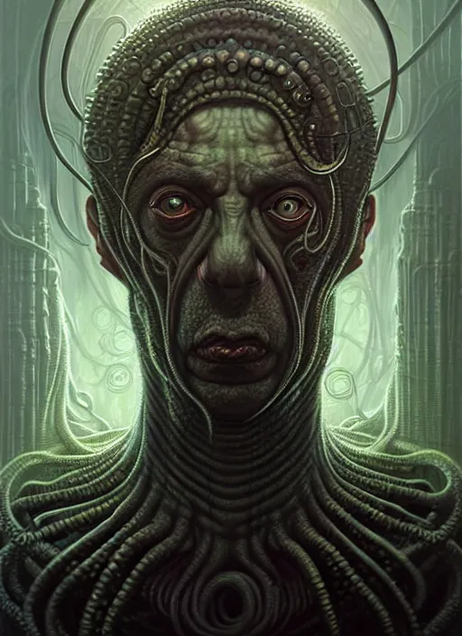 Prompt: lovecraft biopunk portrait of rowan sebastian atkinson, cthulhu, by tomasz alen kopera and peter mohrbacher