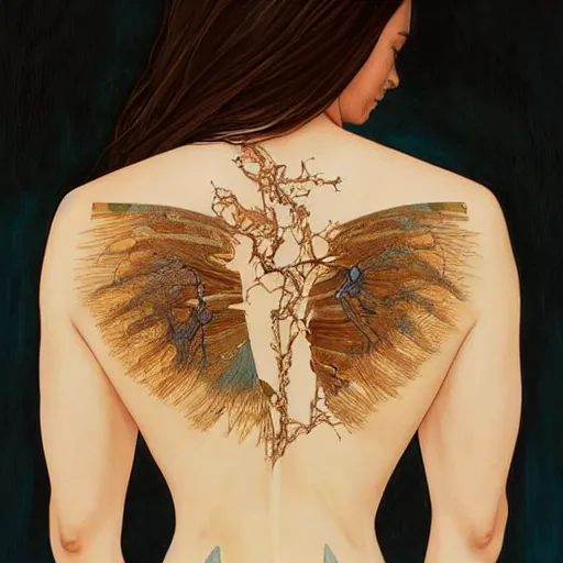 Image similar to kintsugi art on a women's back, ultra realistic illustration, alanis guillen, intricate, elegant, highly detailed, digital painting, artstation, concept art, smooth, sharp focus, illustration, art by artgerm and greg rutkowski and alphonse mucha