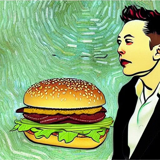 Image similar to portrait of elon musk eating giant hamburgers, big macs with extra bacon lettuce tomato, ethereal, handsome, intricate, elegant, highly detailed, art by vincent van gogh
