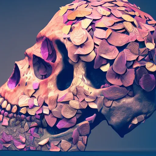 Image similar to obsidian skull surrounded by flower petals, octane render, trending on artstation