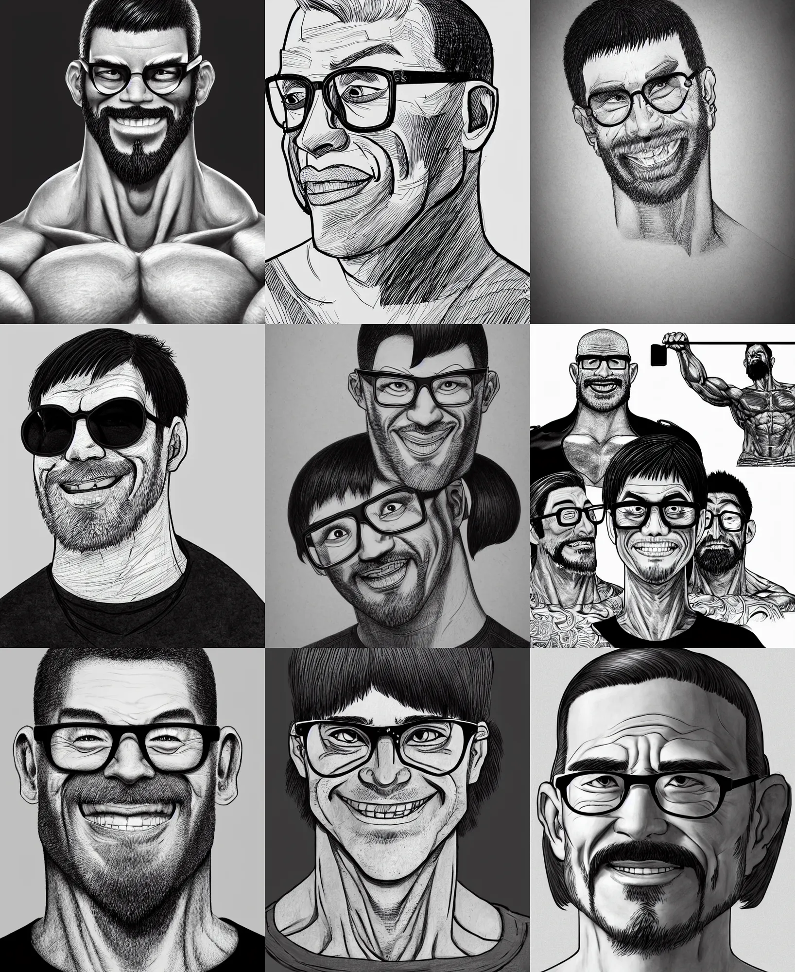 Prompt: detailed ink line drawing of a buff smiling man with long stubble, muscular neck, rectangular square shaped glasses and a black bowl cut, wearing a black tshirt, unreal engine, octane render, b & w clean shaped illustration by kim jung gi, ric estrada, ron english and eiichiro oda