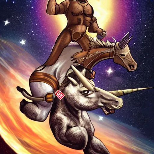 Prompt: Duke Nukem riding a unicorn through space