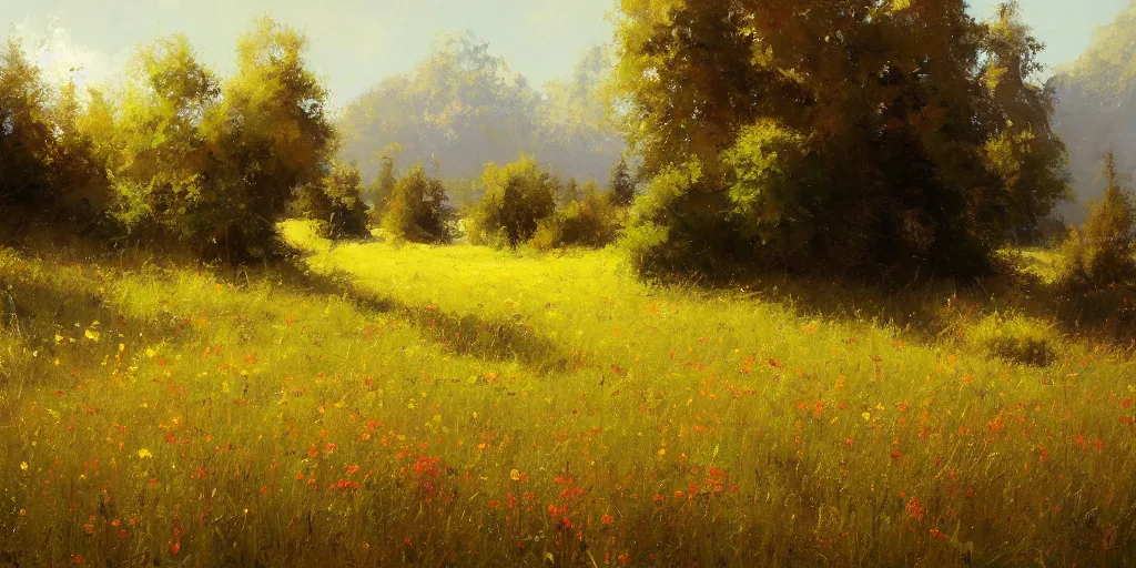 Image similar to a bright oil painting of a beautiful meadow; masterpiece; extremely-detailed; by Craig Mullins