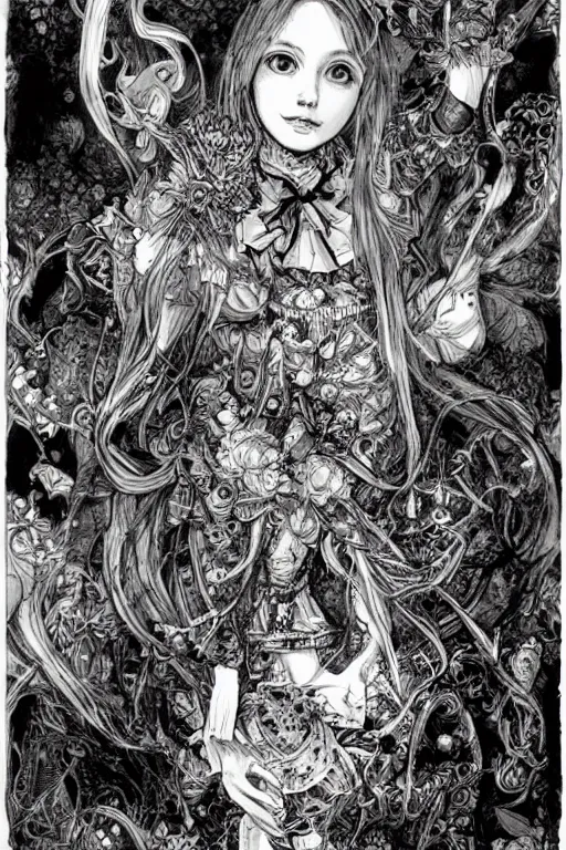 Image similar to portrait Alice in wonderland tarot card , pen and ink, intricate line drawings, by Yoshitaka Amano, Ruan Jia, Kentaro Miura, Artgerm, watercolor