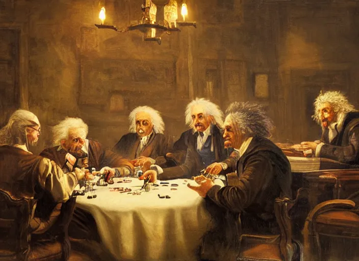 Prompt: baroque painting albert einstein with isaac newton with stephen hawkins playing poker in an old west saloon, intricate, highly detailed, centered, digital painting, artstation, concept art, smooth, sharp focus, illustration, art inspired by james gurney and greg rutkowski