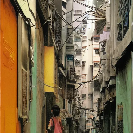 Image similar to an alley in hong kong, art by moebius