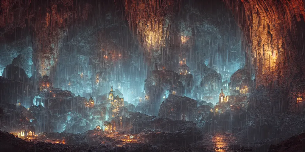 Image similar to A shining dwarven city in a dark cavern, rainy, dark and gloomy atmosphere, fantasy digital art, octane render, beautiful composition, trending on artstation, award-winning photograph, masterpiece