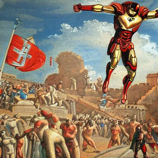 Image similar to hellenistic greece painting of ironman flying across the coliseum