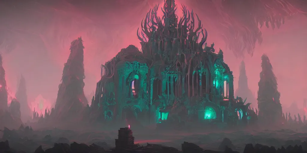 Image similar to old gothic cthulhu temple in r'lyeh by anton fadeev, matte painting, dynamic lighting, ultrarealistic, cinematic, octane render, trending on artstation, 8 k