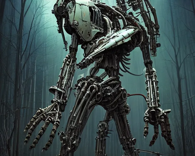 Image similar to photo of general grievous with heavy duty biomechanical hydraulic cybernetic body and 4 arms holding lightsabers in the forest. cyberpunk horror style. highly detailed 8 k. intricate. nikon d 8 5 0 5 5 mm. award winning photography. art by hr giger and zdzislaw beksinski in the style of hzd