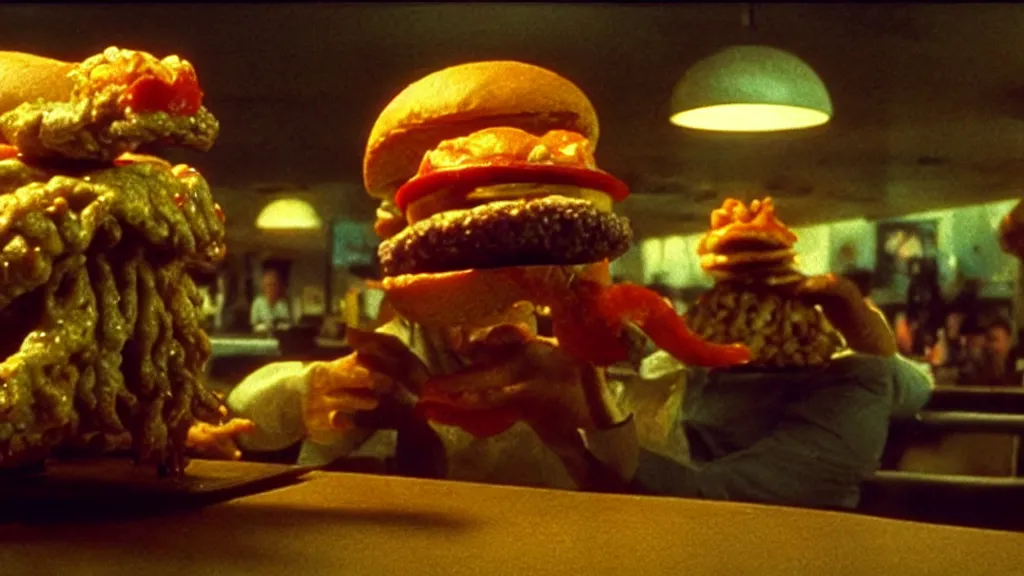 Image similar to the garbly cheeseburger creature at the fast food place, film still from the movie directed by denis villeneuve and david cronenberg with art direction by salvador dali and zdzisław beksinski, wide lens