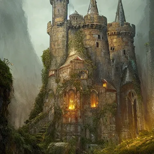 Image similar to portrait of a medieval castle in the rainforrest by Cedric Peyravernay, highly detailed, excellent composition, cinematic concept art, dramatic lighting