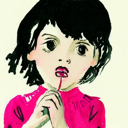 Prompt: a dark haired young girl in a pink dress, shocked expression, hand over mouth, 1990s bedroom, children's book illustration, watercolor, line drawing