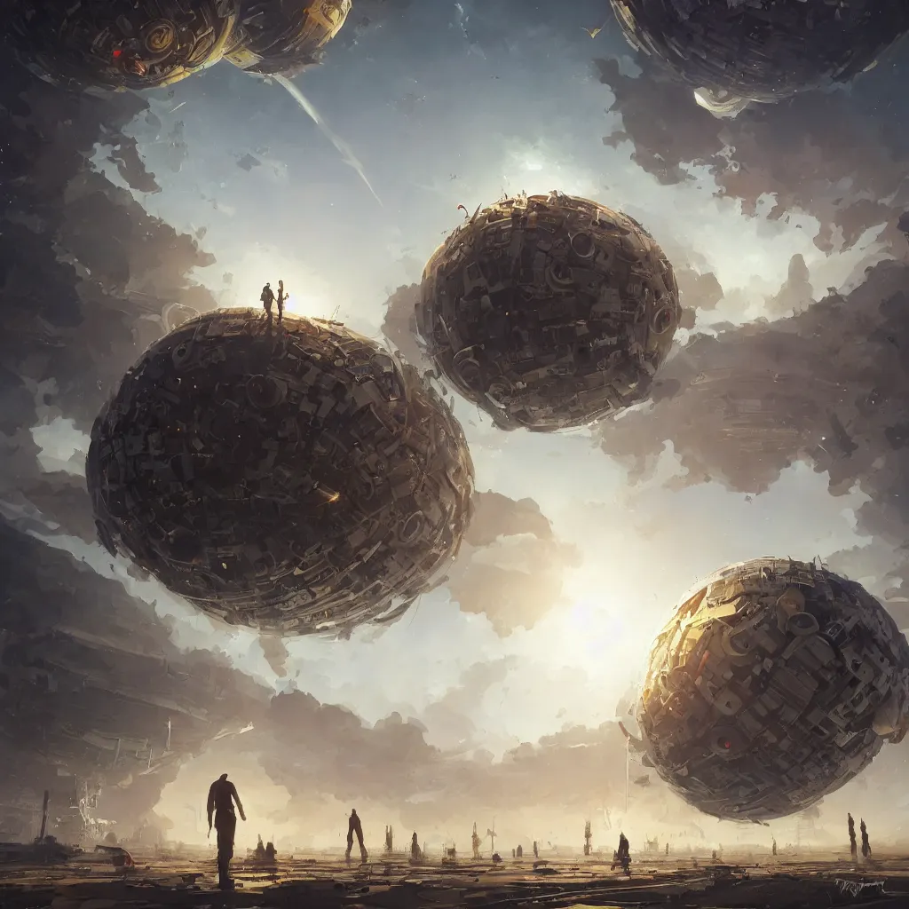 Image similar to dyson sphere program, by greg rutkowski, by rhads, by jesper ejsing, so many wires, sharp focus, man standing, colony, atom, crowd, blimps in sky