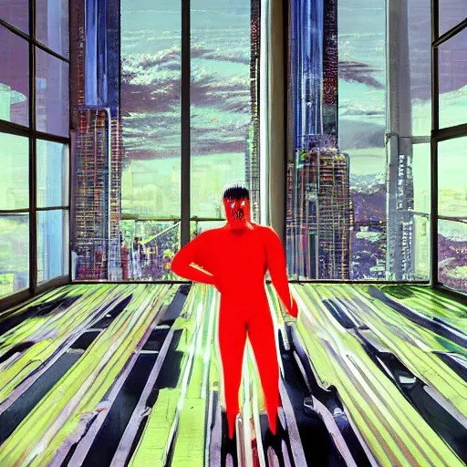 Image similar to painted by Robin Eley, a man in a neon suit stands in an empty room, his right arm and leg are cybernetic prosthetics. Outside the large floor to ceiling windows is a vast cyberpunk cityscape