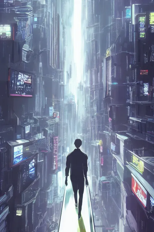 Image similar to man in white tracksuit overlooking a cyberpunk clean city, style of Mirror\'s Edge, dreamy, beautiful clouds, beautiful artwork by Makato Shinkai + Satoshi Kon, anime