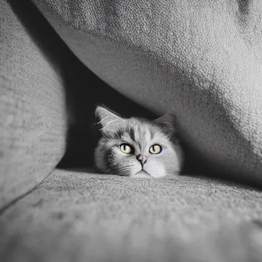 Prompt: a sadcat laying under a blanket, canon eos r 3, f / 1. 4, iso 2 0 0, 1 / 1 6 0 s, 8 k, raw, unedited, symmetrical balance, in - frame