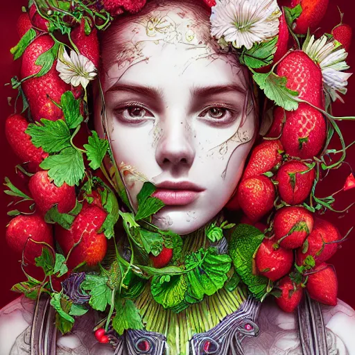 Image similar to the portrait of an absurdly beautiful, graceful, elegant, young woman made of strawberries and green petals, an ultrafine hyperdetailed illustration by kim jung gi, irakli nadar, intricate linework, bright colors, octopath traveler, final fantasy, angular, unreal engine 5 highly rendered, global illumination, radiant light, detailed and intricate environment