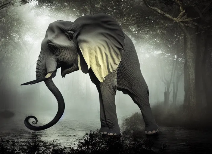 Image similar to an elephant octopus chimera, his trunk is a tentacle, in a jungle with ominous light from above, ambient light, fog, river