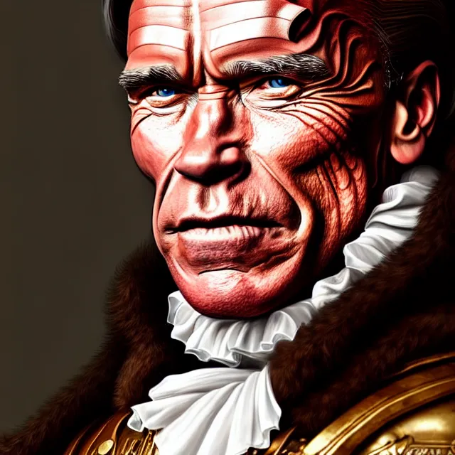 Image similar to epic professional digital portrait art of Arnold Schwarzenegger wearing 17th century clothing, wearing a large white British barrister wig, ,best on artstation, cgsociety, Behance, pixiv, astonishing, impressive, outstanding, epic, cinematic, stunning, gorgeous, much detail, much wow, masterpiece.