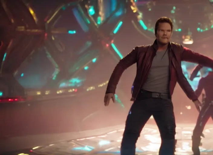 Image similar to film still of star - lord played by chris pratt dancing in a disco in the new guardians of the galaxy movie, 4 k