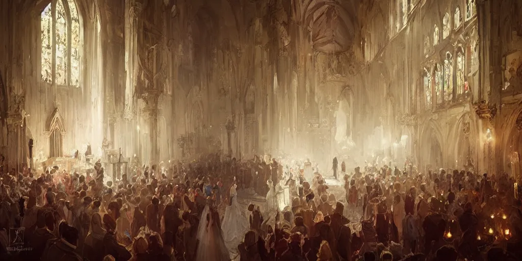 Image similar to a beautiful painting of wedding in the church, greg rutkowski style, trending on artstation