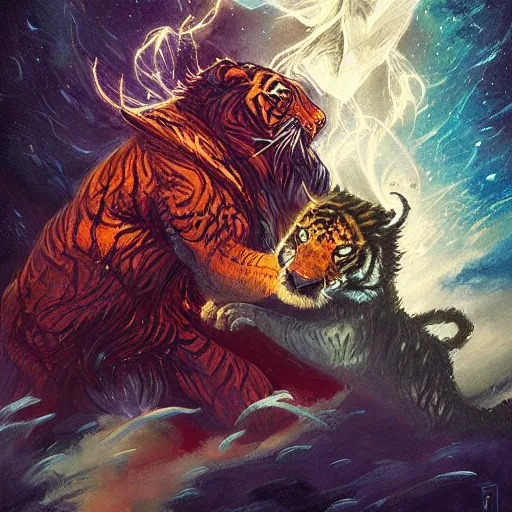 Image similar to A Wizard battling a Tiger by R.J. Palmer; by Anato Finnstark