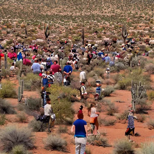 Prompt: a where's waldo scene in the arizona desert