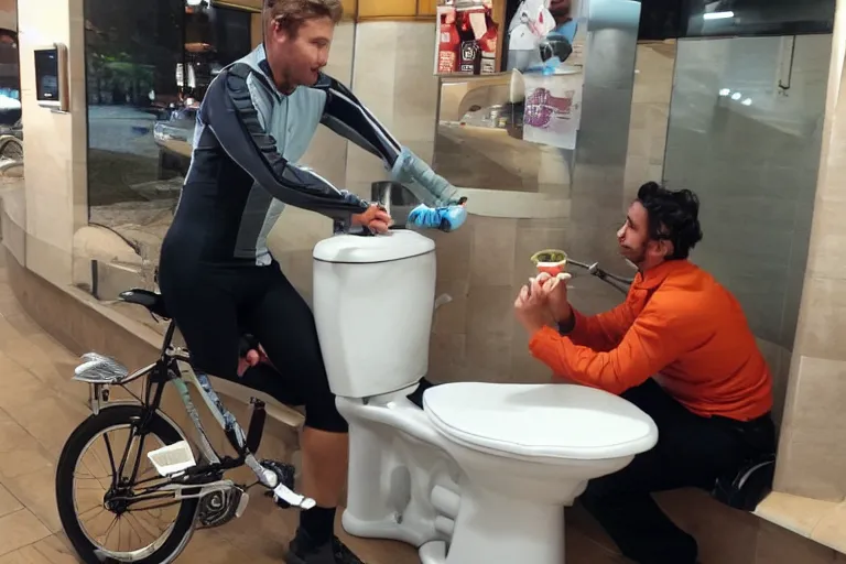 Image similar to cyclist in toilet!!! inside mcdonalds is eating donuts!!! and drinking yerba!!! mate