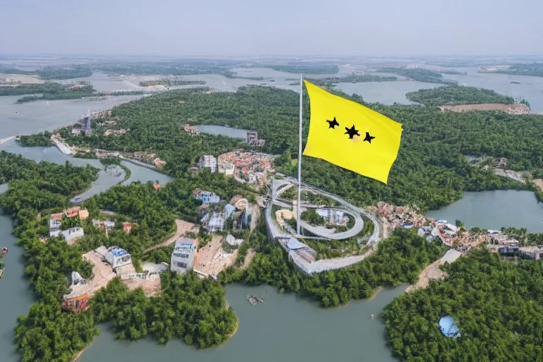 Prompt: futuristic buildings, in liberland, flag of liberland