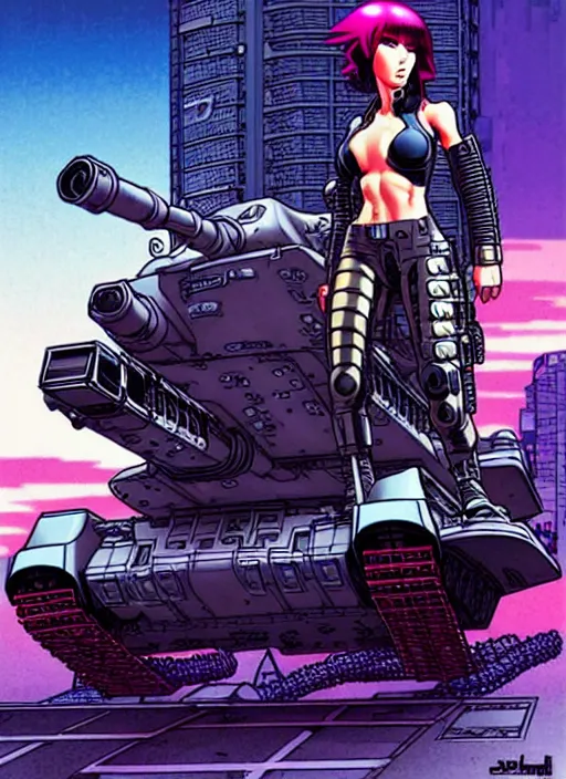 Image similar to motoko kusanagi riding a tank in a grungy cyberpunk megacity, intricate and finely detailed, cyberpunk vaporwave, portrait by j scott campbell, phil jimenez, ilya kuvshinov