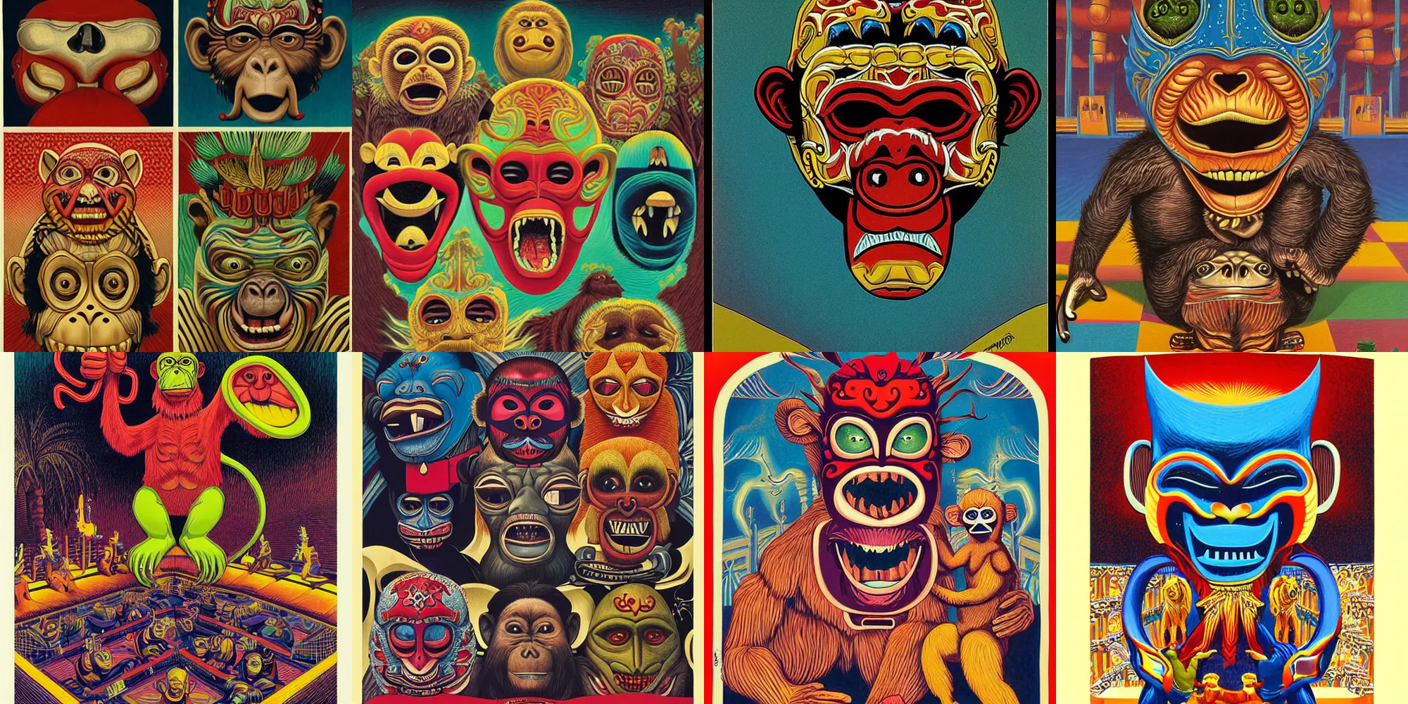 Prompt: lucha libre, screaming monkey mask, by casey weldon, by todd schorr, by paul ranson, by moebius