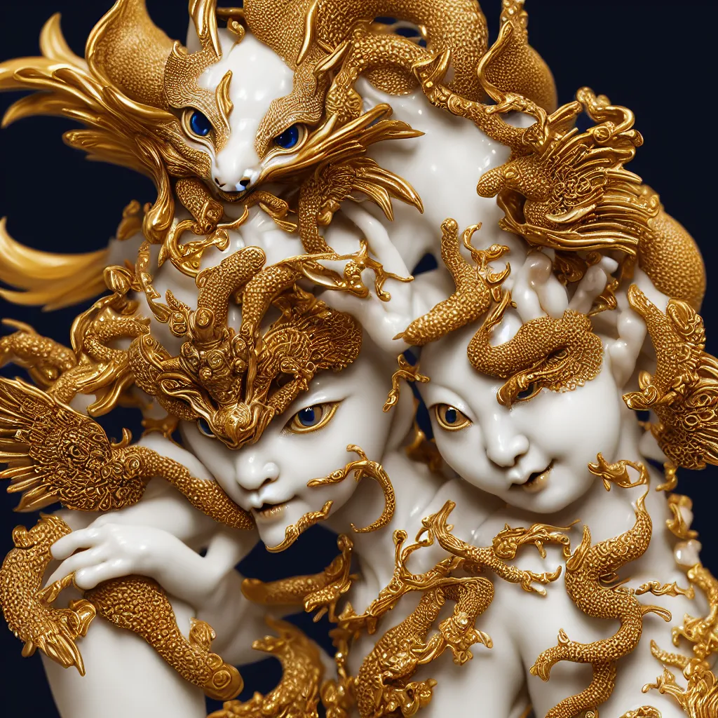 Prompt: a closeup photo - real delicate ceramic porcelain sculpture of an ornate detailed kitsune in front of an intricate background by davinci, micro detail, backlit lighting, subsurface scattering, translucent, thin porcelain, octane renderer, black and blue and gold jewelry, physically based rendering, trending on cgsociety