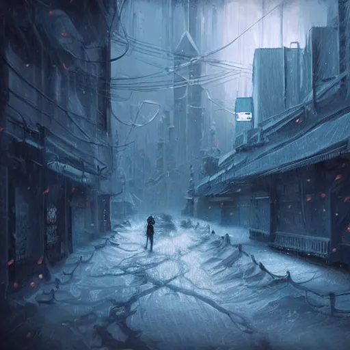 Image similar to mystic winter landscape, cyberpunk atmosphere, horror colors