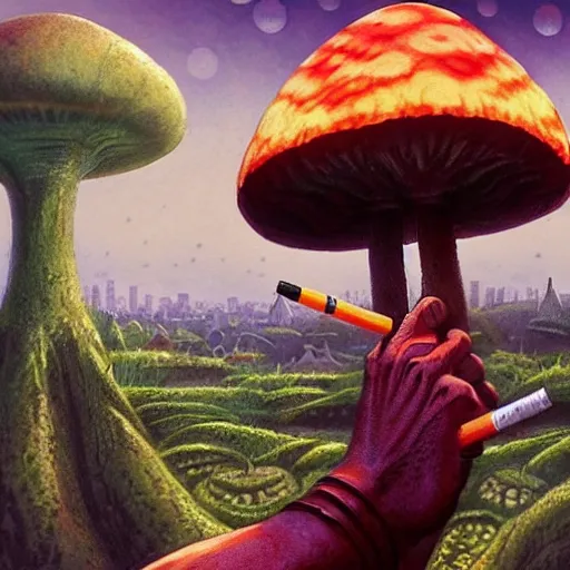 Image similar to A centered chest up portrait of a psychedelic godlike anthropomorphic frog smoking a hand-rolled cigarette , magic mushroom village in background . award winning. superb resolution. in the art style of junji Ito and greg rutkowski . Detailed Mushroom city in background. Hyper realistic anime. Perfect art. Dalle2