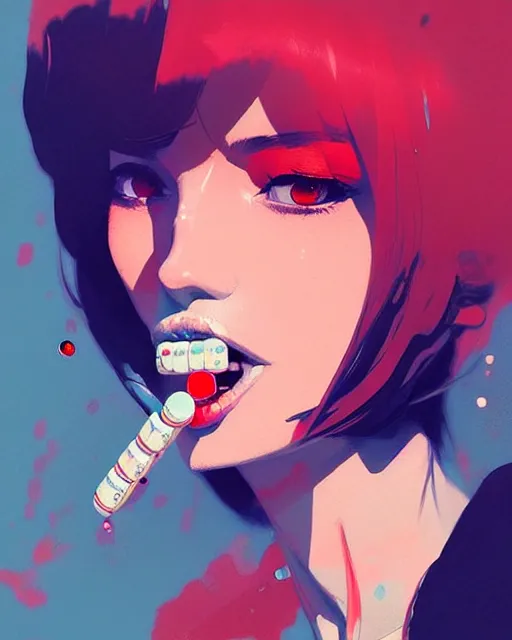 Prompt: a ultradetailed beautiful panting of a stylish woman with pills in her mouth, by conrad roset, greg rutkowski and makoto shinkai, trending on artstation