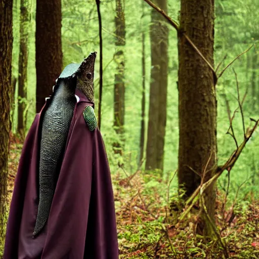 Image similar to medieval cloak wearing anthro lizard, photograph captured in the woods